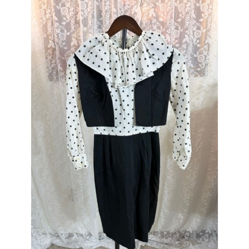 Vintage 1930's Polka Dot Ruffle Collar Dress with Reversible Vest Black White